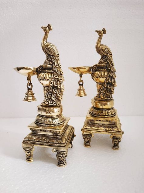 Bird Lamp, Brass Peacock, Vintage Brass Decor, Silver Lamp, Silver Pooja Items, Brass Items, Ethnic Home Decor, Pooja Room Door Design, Pooja Room Design