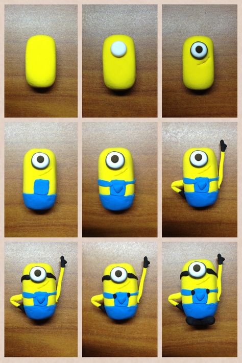 Minions from clay. For more info, check out www.joeykayvern.blogspot.com :) Minion Clay Art, Clay Crafts Step By Step, Cartoon Clay Art, Clay Minion, Draw A Minion, Clay Step By Step, Clay Cartoon, Minion Craft, Clay Art For Kids