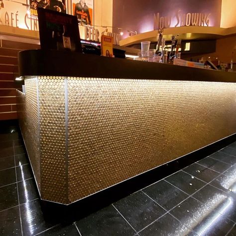 Gold Glass Penny Round Mosaic Tile Movie Theater Lobby Counter Theater Lobby, Gold Mosaic Tile, Mosaic Tile Sheets, Penny Round Mosaic, Gold Mosaic, Accent Wall Designs, Penny Round Tiles, Round Mosaic, Penny Tile