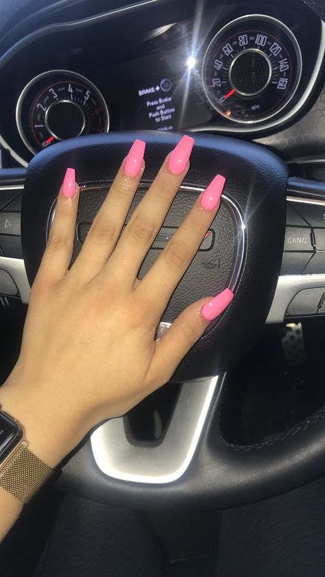 Bubble Gum Pink Nails Acrylic Coffin, Barbie Pink Coffin Acrylic Nails, Long Coffin Pink Nails, Barbie Pink Nails Coffin, Medium Coffin Pink Nails, Coffin Acrylic Nails Hot Pink, Bright Pink Coffin Acrylic Nails, Summer Nail Inspo Coffin Pink, Summer Gel Nails Coffin