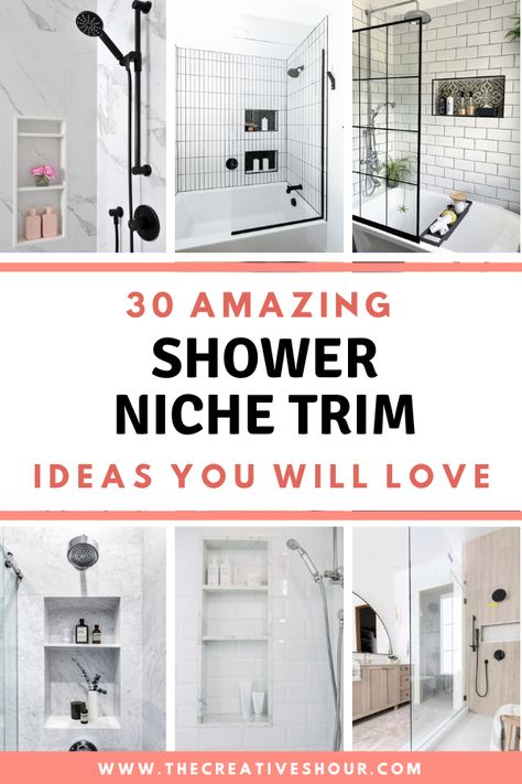 Explore 30 brilliant shower niche trim ideas to elevate your bathroom design. Discover tips for a stylish and functional space. Shower Niche Trim, Shower Niche Placement, Bathroom Niche Design, Shower Niche Tile Ideas, Bathroom Niche Ideas, Bath Tile Design, Pencil Tile, White Subway Tile Shower, Tile Shower Niche