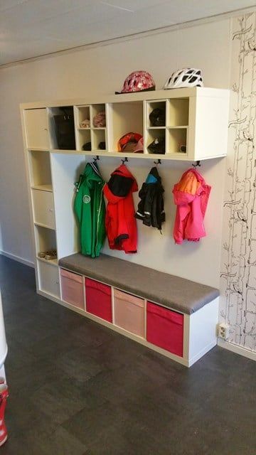 This is a Kallax 5x5 with the middle cubes removed to make a KALLAX entryway. Stores our coats and gear, with a bench for us to sit and put on our shoes. Kallax Entryway, Kallax 5x5, Ikea Hack Bench, Ikea Kallax Shelf, Ikea Kallax Regal, Ikea Kallax Hack, Kallax Shelf, Kallax Regal, Frosé