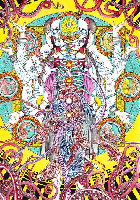 shintaro kago School Gril, Shintaro Kago, Meaningful Paintings, Horror Drawing, Art Brut, Album Cover Art, Ethereal Art, Art Portfolio, Funky Art