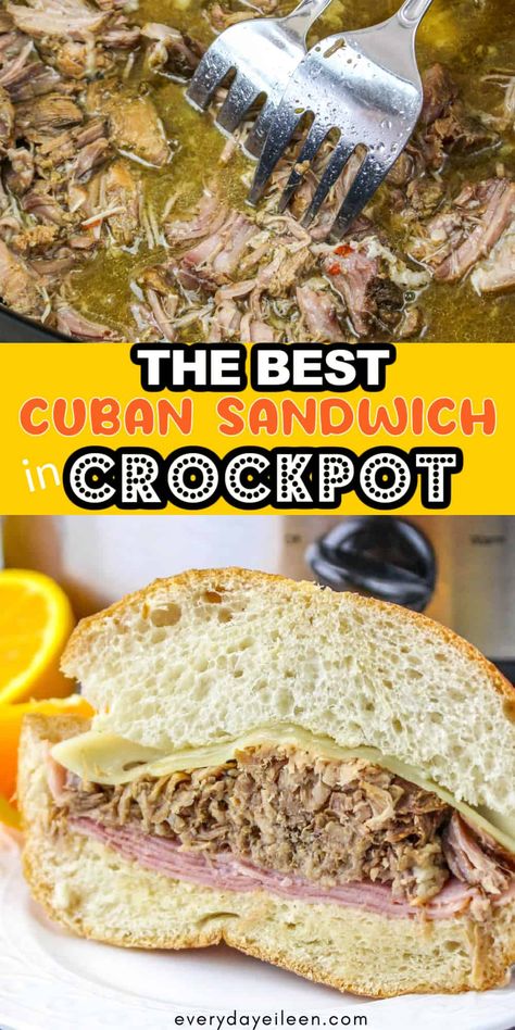 Slow Cooker Cuban Pork Sandwiches are a flavor packed sandwich made with a citrus and spice flavored pork that is cooked in the slow cooker. The pork is layered with ham, Swiss cheese, pickles, and mustard on a light and fluffy bread for the mot delicious sandwich. This is a great sandwich for any family dinner and perfect for feeding a crowd. Serve at your next tailgating party or pot luck gathering. Cuban Pork Sandwich, Slow Cooker Cuban Pork, Loin Recipes, Cuban Sandwiches, Cheese Pickles, Cuban Pork, Fluffy Bread, Pork Sandwiches, Pork Loin Recipes