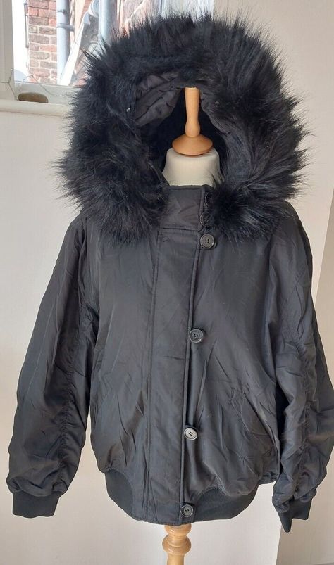 Urban Outfitters Angelica Black Coat bomber jacket Faux Fur trim to hood Size Small New without tags,  pen through brand label at back of neck and care label removed Zip & button fastening 25" armpit to armpit 18" underarm to Cuff 28" from base of hood at back of neck to hem Fur Hood Coat, Brand Label, Fur Hood, Coat Black, Care Label, Faux Fur Jacket, Fur Trim, Black Coat, Fashion Clothes Women