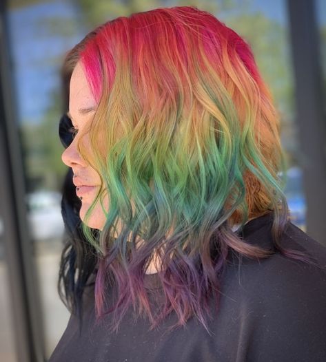 half and half rainbow/black color Half Rainbow Hair, Half And Half, Rainbow Hair, Cute Hairstyles, Black Color, Short Hair Styles, Dreadlocks, Rainbow, Long Hair Styles