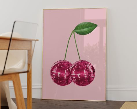 Cherry Disco Ball Painting, Trendy Wall Art Living Room, College Wall Prints, Disco Ball Cherries, Lesbian Bar, Apartment Prints, Disco Ball Wall Art, Cherry Disco, Disco Ball Print