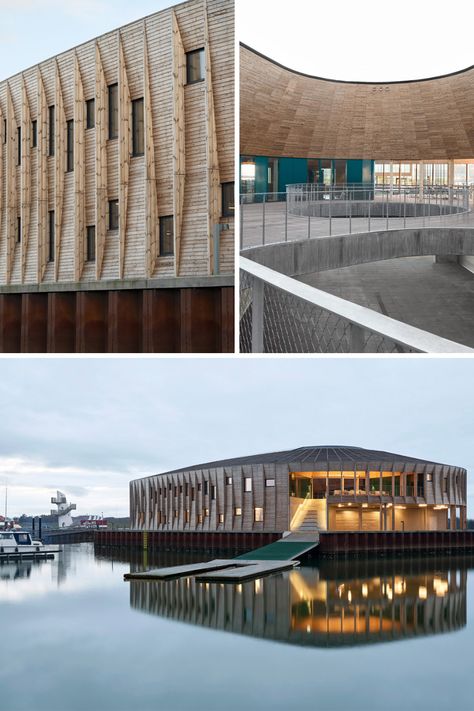 Located on an artificial island, the community center is deeply inspired by boat construction and pays tribute to the maritime traditions and legacy of Esbjerg. Called the Esbjerg Maritime Center, the space was designed to be a ‘social hub’, one that brings together all the water sports clubs of the area into one standard location. Read More. Boat Museum Architecture, Water Sports Center Architecture, Water Research Center Architecture, Maritime Architecture, Boat Architecture, Visitor Center Architecture, Rowing Sport, Boat Construction, Presentation Architecture