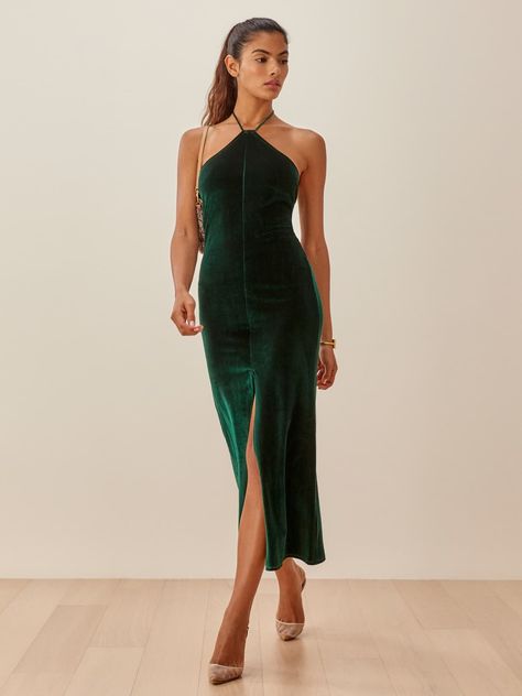 Disney Princess Gowns, Emerald Green Prom, Velvet Halter Dress, Emerald Green Prom Dress, Green Prom, Princess Gown, Reformation Dress, Silky Dress, Green Prom Dress