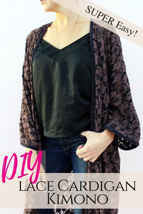 Make a simple DIY Lace Kimono cardigan robe from scratch Diy Cardigan From Fabric, Diy Kimono Cardigan, Diy Clothes Kimono, Kimono Pattern Free, Kimono Cardigan Pattern, Kimono Tutorial, Cardigan Diy, Lace Cardigan Pattern, Kimono Sewing Pattern