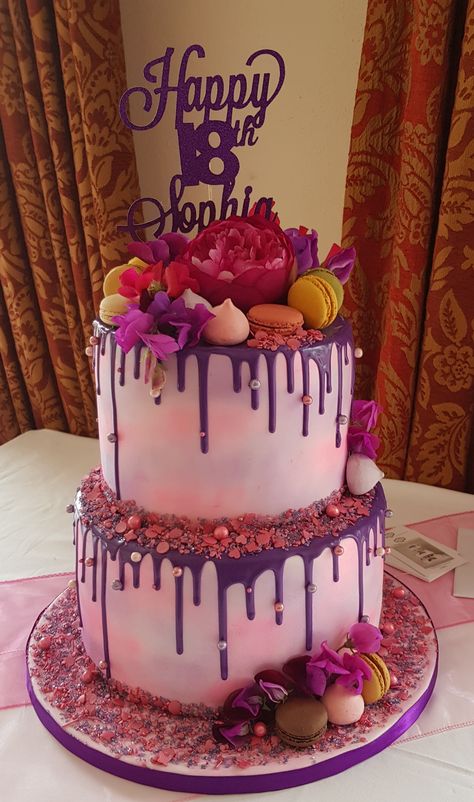 Purple And Red Cake, Purple And Pink Cake Designs, Purple Cake Designs Birthday 2 Tier, Purple Colour Cake Designs, Cake In Purple Colour, Purple Colour Birthday Cake, 18th Birthday Cake Designs, Rainbow Unicorn Cake, Tiered Cakes Birthday