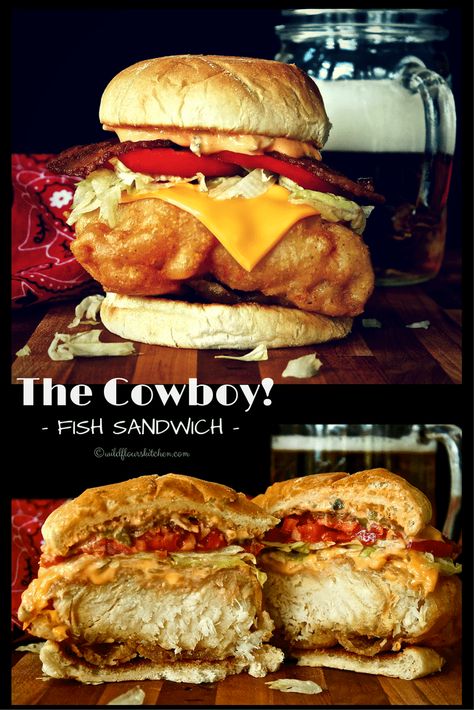 The Cowboy Way Fish Sandwich - Wildflour's Cottage Kitchen Seafood Grinder Sandwich, Crispy Fish Sandwich, Cod Sandwich Recipes, Creative Sandwich Ideas, Seafood Sandwich, Cowboy Cottage, The Cowboy Way, Fish Sandwich Recipes, Seafood Sandwiches