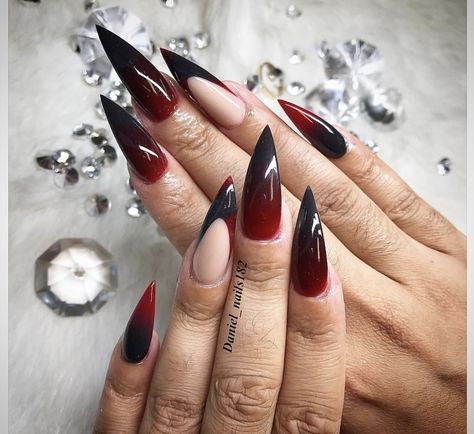 Black and red stilettos Short Stilleto Nails Black And Red, Red And Black Elegant Nails, Lilith Nails, Red And Black Ombre Nails Coffin, Red Black French Tip Nails, Stiletto Black Nails, Sharp Black Nails, Red Acrylic Nails Stiletto, Black Red Ombre Nails