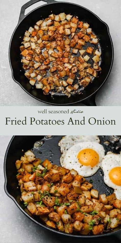 When you're craving diner-style breakfast potatoes, make these fried potatoes and onions! Parboil the potatoes, then get 'em all crispy in a cast iron skillet. Season with garlic, paprika, then serve with a couple of fried eggs for the complete diner experience. Brunch goals at home! #wellseasonedstudio #breakfastpotatoes #panfried #potatoes #skilletpotatoes Pan Fried Potatoes And Onions, Fried Potatoes And Onions, Breakfast Potatoes Skillet, Parboiled Potatoes, Crispy Breakfast Potatoes, Pan Fried Potatoes, Potatoes And Onions, Skillet Potatoes, Mushroom Dish