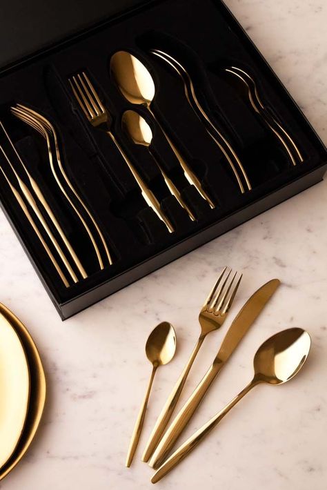 Lifestyle image of the 16 Piece Gold Cutlery Set With Gift Box Wedding Cutlery, Gold Cutlery Set, Quirky Kitchen, Coffee Shop Interior Design, Quirky Home, Gold Cutlery, Box Bedroom, Rockett St George, Coffee Shops Interior