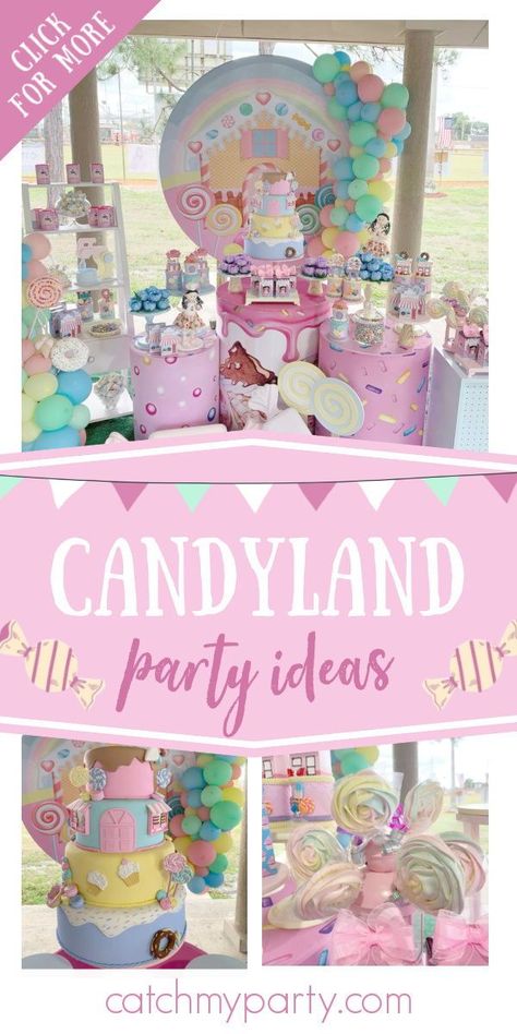 Don't miss this sweet Candyland-themed party! The cake is amazing! See more party ideas and share yours at CatchMyParty.com #catchmyparty #partyideas #candy #candylandparty #candyland #gilrbirthdayparty Candyland Pastel Theme Party, Candyland Loot Bags, Candyland Themed Party Food, Candy World Theme Party, Candyland Decorations Party, Candyland Cookies, Candyland Baby Shower Theme, Candy Land Theme Cake, Pastel Candyland Birthday Party