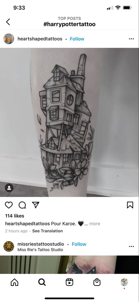 Weasley Burrow Drawing, Harry Potter Night Bus Tattoo, Weasley Burrow Tattoo, Ron Weasley Tattoo Ideas, Hagrids Hut Tattoo, Harry Potter Leg Sleeve, The Burrow Tattoo, Ron Weasley Tattoo, Weasley Tattoo