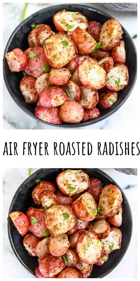 Air fryer radishes are a delicious and healthy, low-carb side dish that is quick and easy to make. This cooking method transforms the taste and texture of radishes into something truly special. Air Fryer Radishes, How To Cook Radishes, Air Fryer Garlic, Roasted Radishes, Radish Recipes, Vegan Side Dishes, Low Carb Sides, Low Carb Side Dishes, Air Fryer Healthy