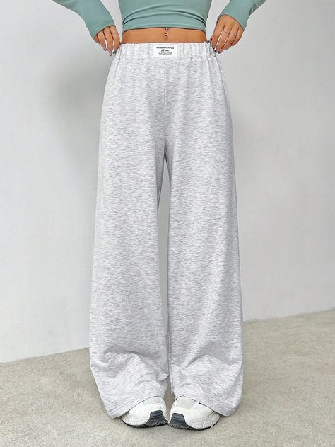 Women's Leisure Patch Detail Wide-Legged Cropped Pants , Baggy Sweatpants Grey    Knitted Fabric Letter,Plain Wide Leg Medium Stretch  Women Clothing, size features are:Bust: ,Length: ,Sleeve Length: Open Leg Sweatpants, Sweatpants Baggy, Sweatpants Grey, Baggy Sweatpants, Grey Sweats, Pants Baggy, Wide Leg Sweatpants, Leg Sleeves, Sweatpants Set