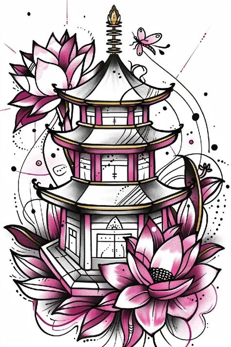 Tattoo idea: dot work  style tattoo A pagoda with a rooftop garden Pagoda Sketch, Pagoda Tattoo, Egypt Tattoo Design, Japanese Back Tattoo, Symmetrical Tattoo, Scale Tattoo, Egypt Tattoo, Full Sleeve Tattoo Design, New Tattoo Designs