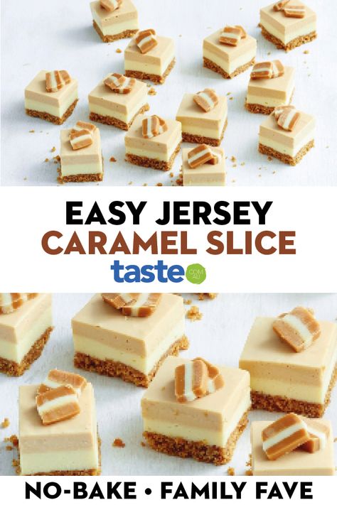 A delicious no-bake dessert that combines three of our favourite things: Jersey Caramels, Butternut Snap biscuits and cheesecake. #dessert #caramelslice #slice #caramel #baking #noabke #cheesecake #australia #australian #australianrecipes Caramel Baking, No Bake Slices, Caramel Slice, Cheesecake Dessert, Australian Food, Slices Recipes, Christmas Cooking, Savoury Cake, Food Cakes