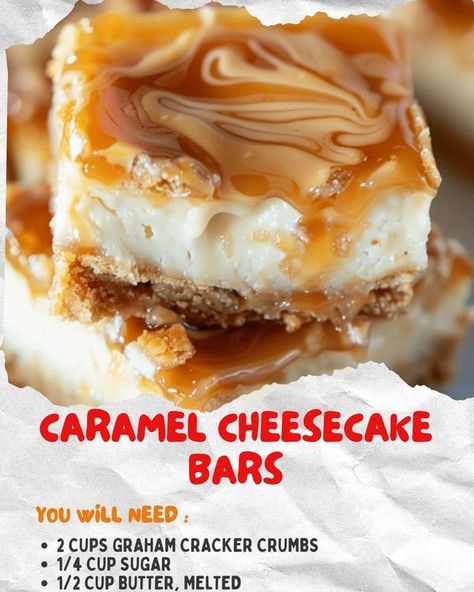 Flavors of Recipes | Caramel Cheesecake Bars | Facebook Recipes With Caramel Bits, No Bake Caramel Cheesecake, Cheesecake Deserts, Food Polls, Christmas Bars, Caramel Cheesecake Bars, Cook Desserts, Caramel Cheesecake Recipes, Cheesecake Bar