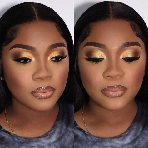 Make Up With Gold Eyeshadow, Yellow Soft Glam Makeup Black Women, Brown And Gold Eyeshadow Black Women, Soft Glam Makeup Black Women Dark Skin Gold, Birthday Shoot Makeup Looks, Bridal Makeup Eyeshadow, Black Women Glam Makeup, Brown And Gold Makeup Looks Black Women, Gold Eye Makeup Black Women