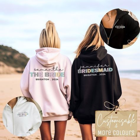 Bachelorette Zip-up Hoodies, Personalized Bridesmaid Proposal, Full Zip Hoody, Bride Wedding Honeymoon Jacket, Bridal Shower Gifts #PersonalisedJacket #WeddingShowerGift #BridalZipUp #BrideTravelOutfit #BacheloretteParty #BrideTeamHoodie #HoneymoonTravel #BridalShowerGift #BridalPartyShirt #CustomHenParty Wedding Honeymoon, Bridal Party Shirts, Honeymoon Travel, Bridesmaids Personalized, Team Bride, Zip Up Hoodies, Bridesmaid Proposal, Hen Party, Bridal Shower Gifts