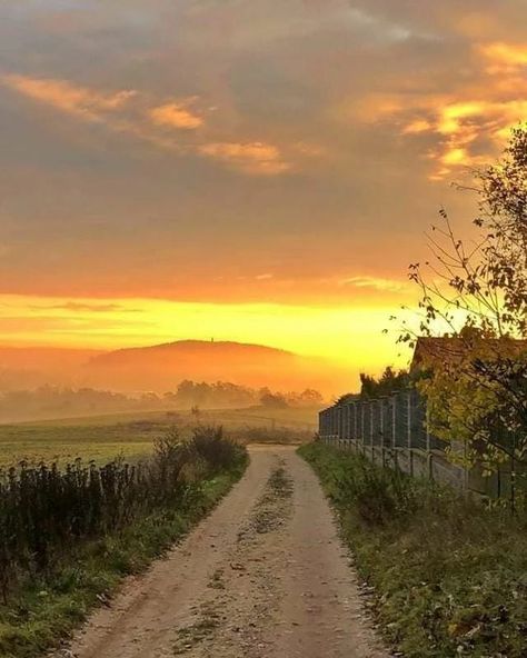 Country Backgrounds, Sunrise Landscape, Dawn And Dusk, Country Scenes, Amazing Sunsets, Dirt Road, Landscape Drawings, English Countryside, Country Art