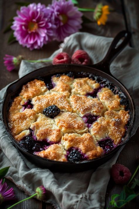 Homemade blackberry cobbler in a cast iron skillet, surrounded by fresh flowers and raspberries. Cast Iron Skillet Blackberry Cobbler, Iron Skillet Blackberry Cobbler, Cast Iron Blackberry Cobbler, Cast Iron Cobbler Recipe, Cast Iron Cobbler, Cobbler In Cast Iron Skillet, Blackberry Cobbler For One, Dutch Oven Blackberry Cobbler, Dutch Oven Berry Cobbler