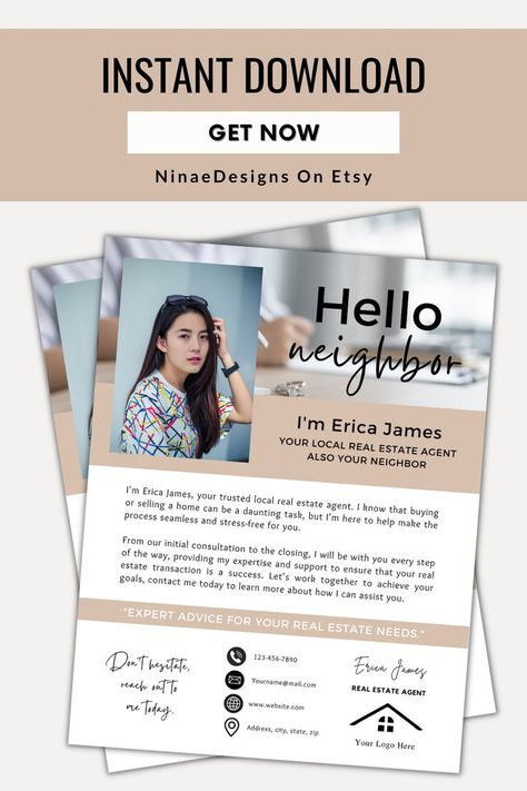 Real Estate Introduction Flyer, Realtor Hello Neighbor Letter, Realtor Farming Letter Real Estate Introduction, Airbnb Design, Hello Neighbor, New Property, Real Estate Agents, Estate Agents, Selling House, Flyer Template, Open House