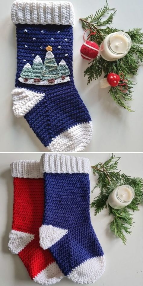 Crochet Cat Stocking, Landscape Applique, Crochet Stocking Pattern Free, Christmas Stocking Pattern Free, Stocking Pattern Free, Crochet Decorations, Crochet Christmas Stocking Pattern, Amigurumi For Beginners, Crochet Stocking