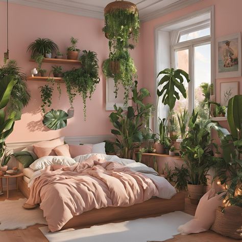 Succulent Aesthetic Room, Pink Bedroom Plants, Pink And Plants Bedroom, Pink Baddie Aesthetic Room, Pink Plant Bedroom, Pink Green Room Aesthetic, Pink Bedroom With Plants, Plant Mom Aesthetic Room, Pink Plant Room