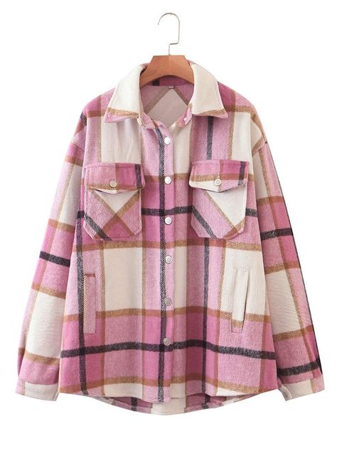 Free Returns ✓ Free Shipping On Orders $49+ ✓. Plaid Flap Pocket Overshirt- Women Overcoats at SHEIN. Overshirt Women, Plaid Shacket, Women Overcoat, Crop Top Blouse, Pink Plaid, Street Style Looks, Look Casual, Women's Coats & Jackets, Step Up