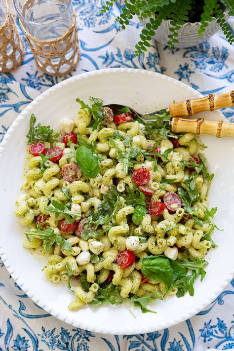 Creamy Pesto Pasta Salad Creamy Pesto Pasta Salad, Creamy Pesto Dressing, Creamy Pesto Pasta, Summertime Salads, Pesto Salad, Pesto Dressing, Pasta Salad Ingredients, Tomatoes Mozzarella, Healthy Pasta Salad