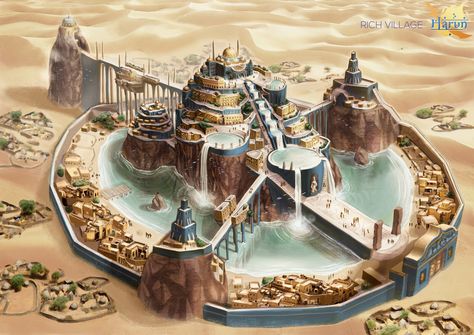 The Oasis Town, Lucia Pigoli on ArtStation at https://www.artstation.com/artwork/A9QWny Fantasy City Map, Rpg Map, Dungeon Maps, Fantasy City, Fantasy Castle, Fantasy Setting, Fantasy Places, Dungeons And Dragons Homebrew, Futuristic City