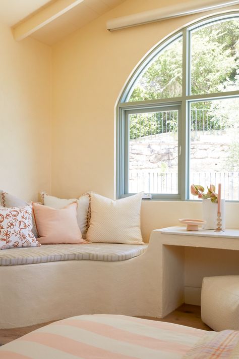 GET THE LOOK - YELLOW BEDROOM - HOUSE 15 — THREE BIRDS RENOVATIONS Birds Yellow, Cushion Inspiration, Renovation House, Three Birds Renovations, Orange Cushions, Yellow Room, Yellow Cushions, Three Birds, Beach Side