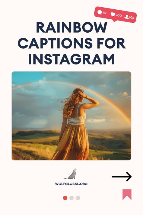 Promotional graphic for "Rainbow Captions for Instagram" featuring a woman and a rainbow in the background.
Inspirational checklist with rainbow themes and a call-to-action button for more tips.
A smiling woman with a laptop and graphics promoting an Instagram engagement service. Rainbow Captions, One Word Caption, Rainbow Paint, Rainbow Magic, Cool Captions, Captions For Instagram, The Glow, Over The Rainbow, Instagram Captions