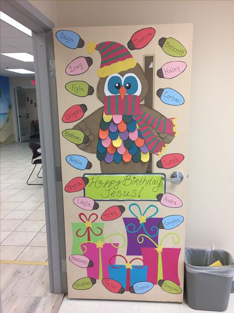 My Christmas, December classroom door, owl, Happy Birthday Jesus, Winter December Classroom Door, Owl Door Decorations, Door Decorations Winter, Jesus Door, Entryway Paint, Entryway Paint Colors, Classroom Door Decorations, Old Door Projects, Jesus Ideas