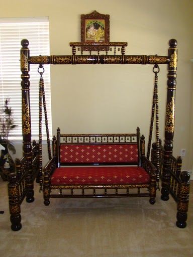 Ethnic Indian Decor: An Indian Home in Plano Texas Balcony Jhula, Maroon Furniture, Ethnic Furniture, Indian Living Rooms, Wooden Swing, Indian Home Interior, Chair Wood, Wooden Swings, Wooden Ceilings