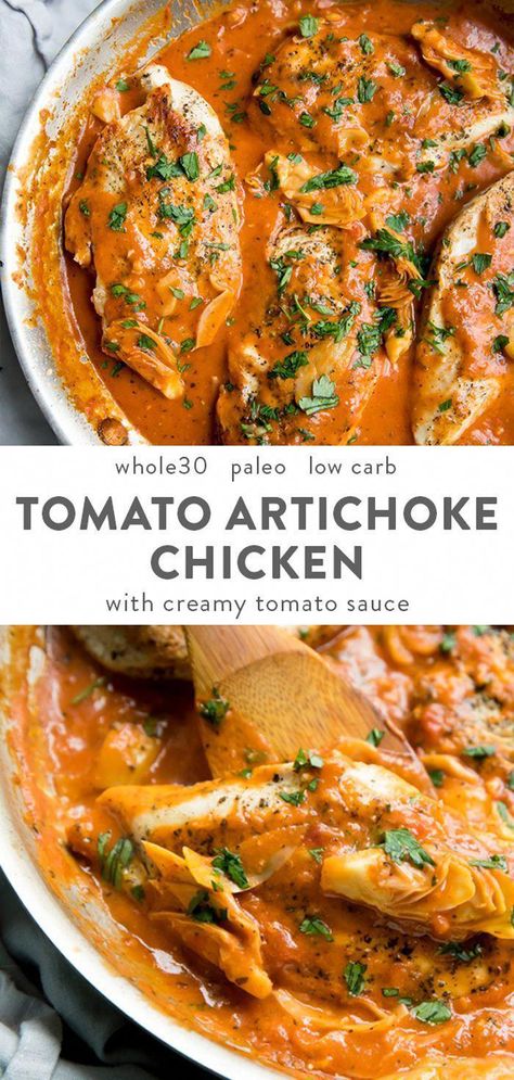 Creamy tomato artichoke chicken (Whole30, paleo, dairy free). This creamy tomato artichoke chicken is so delicious yet so simple! Total crowd pleaser, but a great Whole30 chicken recipe, too. #whole30 #paleo #Cooking Paleo Menu, Whole30 Chicken, Whole30 Dinners, Artichoke Chicken, Paleo Whole 30, Paleo Dinner, Health Dinner Recipes, Crowd Pleaser, Whole 30 Recipes