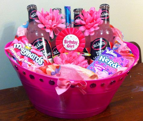 girly birthday basket- dollar store bin with stick on jewels, fake flowers and pink tissue paper- filled with pink things. Pink Basket Ideas For Color Party, Pink Color Theme Party Basket, Pink Color Party Basket, Color Party Ideas For Adults Pink Basket, Party Basket Ideas, Color Party Basket Ideas, 21st Birthday Gift Baskets, 21st Birthday Gifts For Girls, Pink Gift Basket