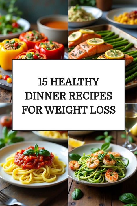 Healthy dinner recipe collage including stuffed peppers, salmon with asparagus, pasta with tomato sauce, and zucchini noodles with shrimp. Fitness Dinner Recipes, Healthy Recipes For Weight Losing, Healthy Dinner Recipes For Weight Losing, Healthy Dinner Recipes Quick, Flavorful Salads, Dinner Recipes Quick, Quick Delicious Meals, Dinner Today, Mouthwatering Recipes