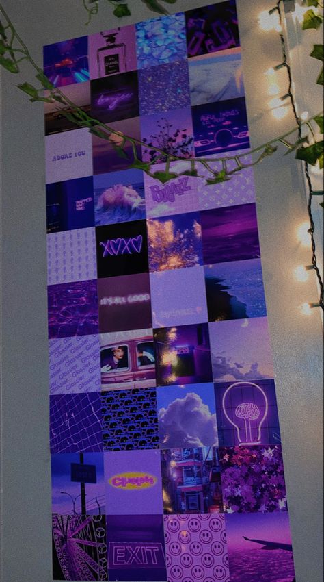 Purple Collages Aesthetic, Purple Aesthetic Wall Decor, Purple Wall Collage Bedroom, Room Collage Wall Aesthetic Pictures Purple, Purple Wall Room Ideas Aesthetic, Aesthetic Picture Wall Bedroom, Purple Wall Room Ideas, Purple And Gold Bedroom Ideas, Purple Photo Collage