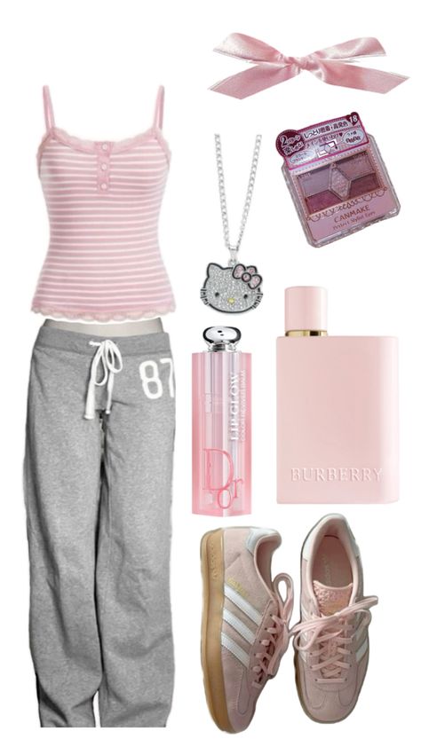 #coquette #sleep #outfits #outfit #pink #pinksambas Outfit Ideas For School Coquette, School Pink Outfits, Sweatpants Outfit Coquette, Coquette Comfy Outfits, Coquette Airport Outfit, Coquette Tracksuit, Coquette Sweatpants, Casual Coquette Outfit, Campus Fits