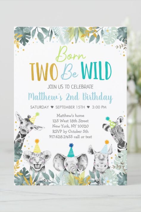 Born Two Be Wild Blue Gold Party Animal Birthday Invitation
This cute birthday invitation features watercolor safari animals with faux gold foil laves and confetti! #safari #birthday #happybirthday #birthdaycards #birthdayparty #zoo #2ndbirthday #animal Blue Gold Party, Born Two Be Wild, Party Animal Birthday, Animal Birthday Invitation, Jungle Birthday, Safari Birthday, Safari Party, Party Animal, Birthday Invitations Kids