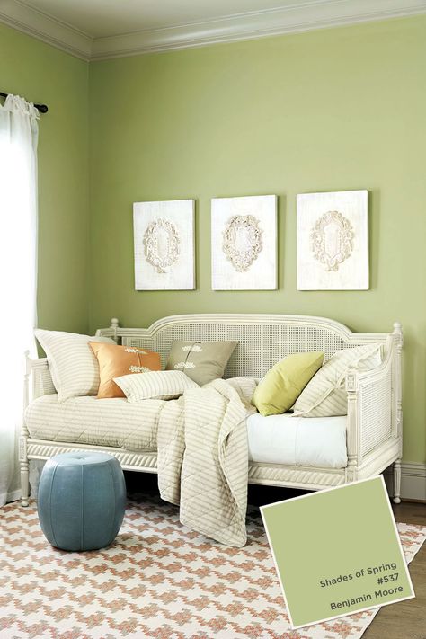 We're digging this fresh, spring green to inject color into a space. | Benjamin Moore's Shades of Spring Tupelo Tree, Furnitur Ruang Keluarga, Hay House, Living Room Decor Furniture, Green Walls, Trendy Living Rooms, Room Paint Colors, Room Color Schemes, Coastal Bedroom