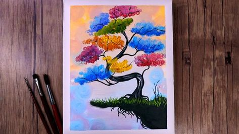 Bonsai Painting, Tree Painting Tutorial, Bonsai Tree Painting, Acrylic Landscape, Landscape Paintings Acrylic, I Will Show You, Bonsai Tree, How To Paint, Tree Painting