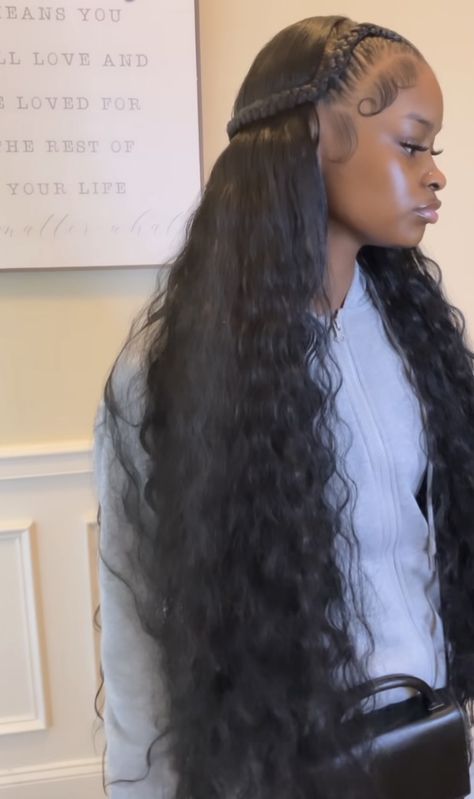 Two Braids With Hair Down, Braids Half Up Half Down Curly Hair, Braided Back Hairstyles, Dubai Nails, Ponytails Hairstyle, Hairstyles Heart, Braids Weave, Low Ponytail Hairstyles, Frontal Wig Hairstyles