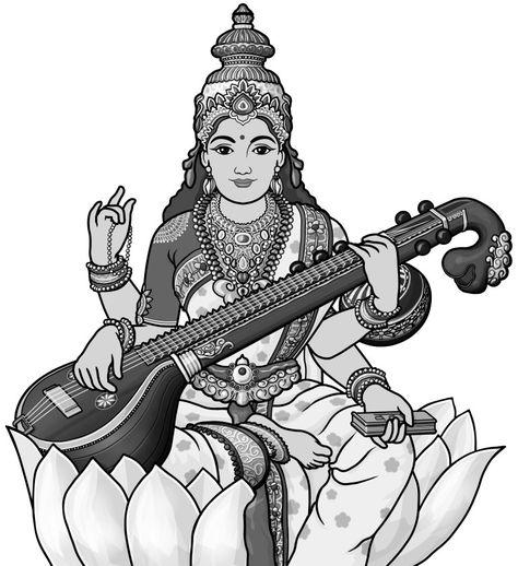 Saraswati veena Saraswati Goddess Sketch, Veena Instrument Drawing, Saraswati Goddess Paintings Sketch, Saraswati Sketch, Saraswati Mata Drawing, Lord Saraswati, Goddess Of Music, Saraswati Picture, Saraswati Painting